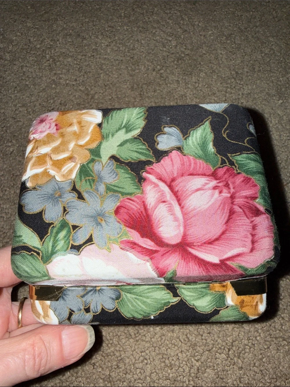 Floral Jewelry Organizer Box with Mirror - Cream Interior, Gold Trim